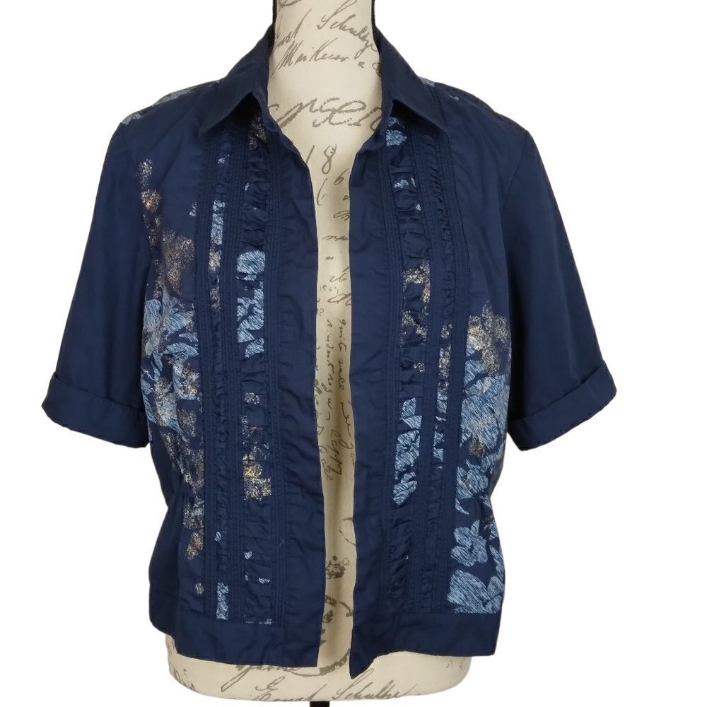 Coldwater Creek | Blue Floral Shirred Open Front Jacket | Size 14